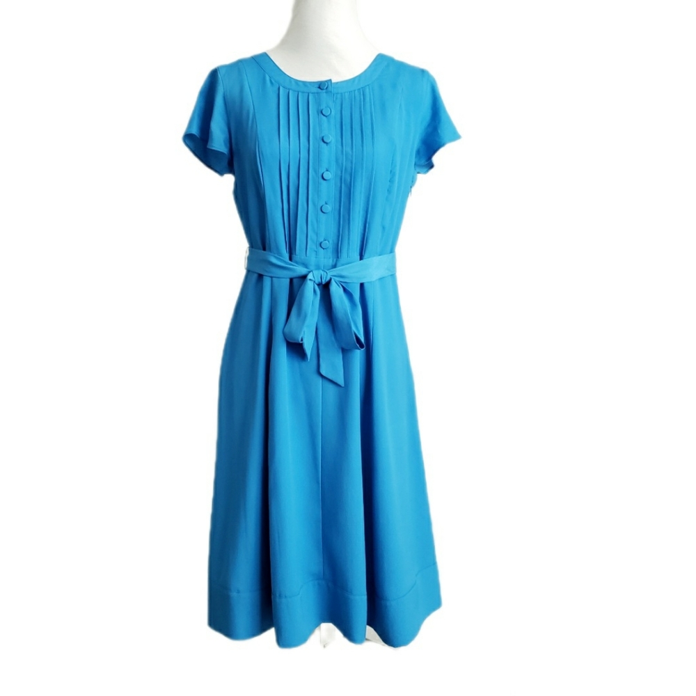 TALBOTS A-line Pintucked Pleat Midi Dress in Turquoise sz 2P